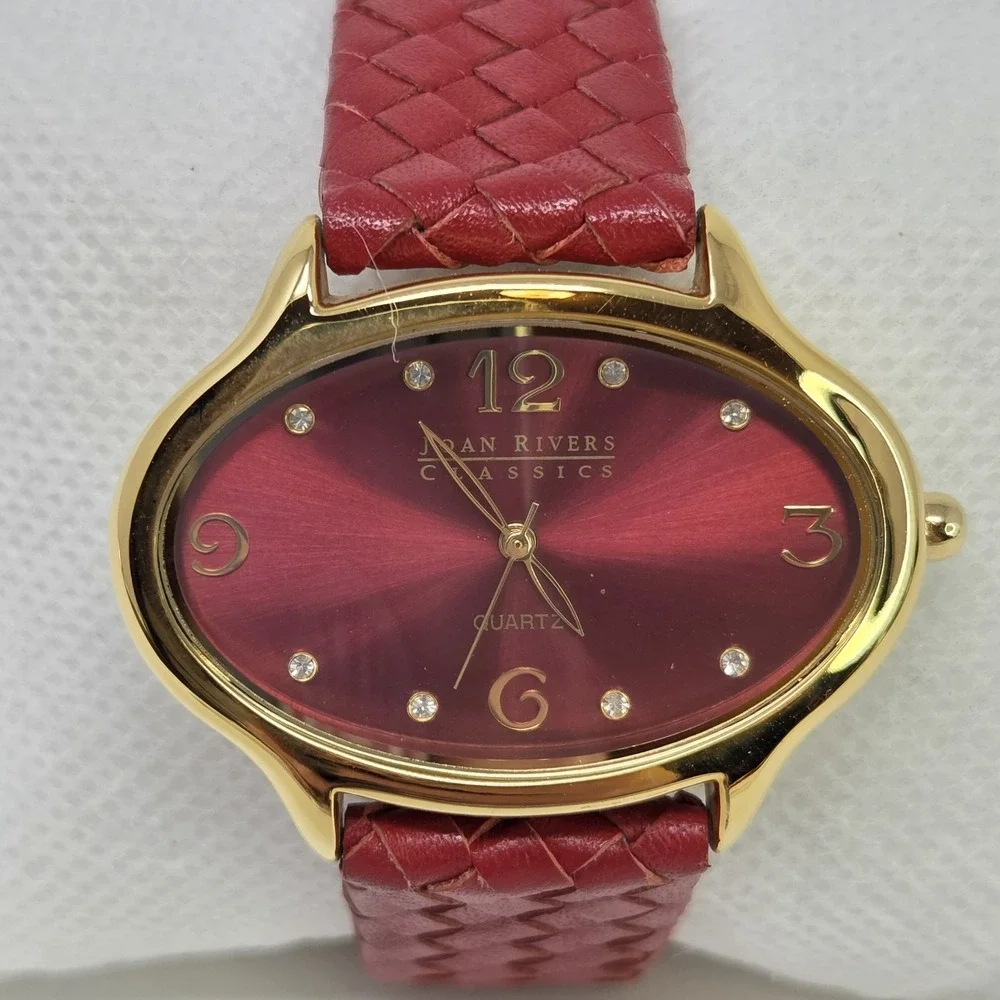 Joan Rivers Watch Women Gold Tone Red Basket Weave‎ Leather Band New Battery 9
